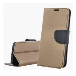   HUSĂ! - Husă în picioare, efect piele (FLIP, deschidere laterală, suport de masă, buzunar pentru card, efect textil) AUR/NEGRU Apple iPhone 16