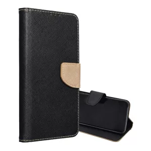 HUSĂ! - Husă în picioare, efect piele (FLIP, deschidere laterală, suport de masă, buzunar pentru card, efect textil) NEGRU/AUR Apple iPhone 16 Pro Max