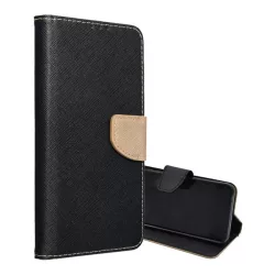   HUSĂ! - Husă în picioare, efect piele (FLIP, deschidere laterală, suport de masă, buzunar pentru card, efect textil) NEGRU/AUR Apple iPhone 16 Pro