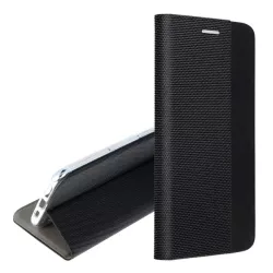   HUSĂ! - Husă în picioare, efect piele (FLIP, deschidere laterală, suport de masă, model textil) NEGRU Apple iPhone 16 Pro