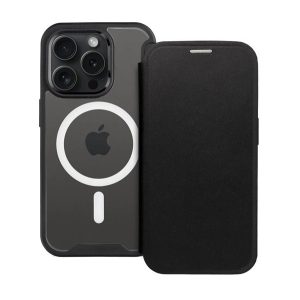 HUSĂ! - Husă în picioare, efect piele (FLIP, deschidere laterală, buzunar pentru card, protecție pentru cameră, spate magnetic, transparent mat, MagSafe) NEGRU Apple iPhone 16 Plus