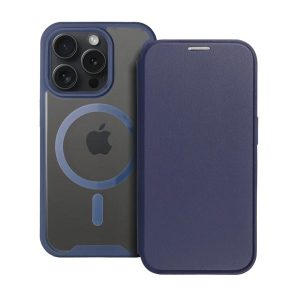 Husă în picioare, efect piele (FLIP, deschidere laterală, buzunar pentru card, protector pentru cameră, spate magnetic, transparent mat, MagSafe) ALBASTRU ÎNCHIS Apple iPhone 16