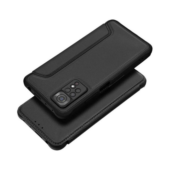 Carcasa in picioare, efect piele (FLIP, deschidere laterala, rezistenta la impact, colt cu perna de aer, protectie camera, model carbon) NEGRU Apple iPhone 16