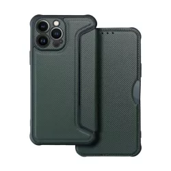   HUSĂ! - Husă în picioare, efect piele (FLIP, deschidere laterală, rezistență la impact, colț cu pernă de aer, protecție pentru cameră, model carbon) VERDE ÎNCHIS Apple iPhone 16 Pro