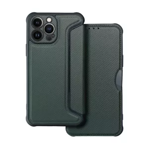 HUSĂ! - Husă în picioare, efect piele (FLIP, deschidere laterală, rezistență la impact, colț cu pernă de aer, protecție pentru cameră, model carbon) VERDE ÎNCHIS Apple iPhone 16 Pro