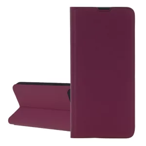HUSĂ! - Husă în picioare, efect piele (FLIP, interior din silicon, deschidere laterală, suport pentru masă, buzunar pentru card) BURGUNDY Apple iPhone 16 Pro