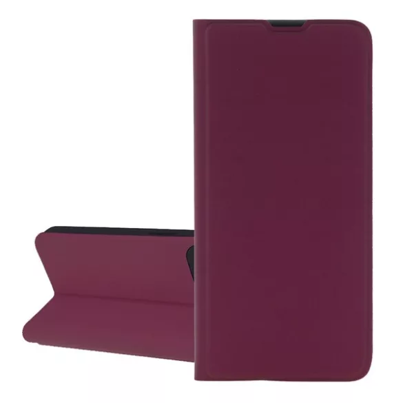 HUSĂ! - Husă în picioare, efect piele (FLIP, interior din silicon, deschidere laterală, suport pentru masă, buzunar pentru card) BURGUNDY Apple iPhone 16 Pro