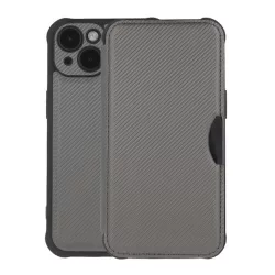  HUSĂ! - Carcasa in picioare, efect piele (FLIP, deschidere laterala, rezistenta la socuri, colt cu perna de aer, protectie pentru camera, model carbon) SILVER Apple iPhone 16