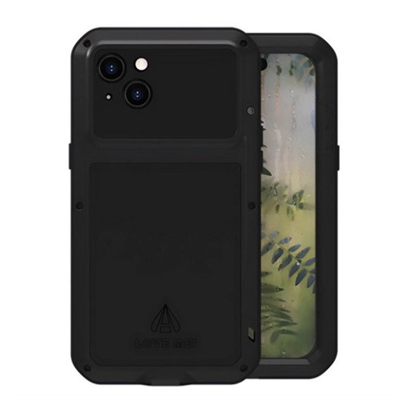 LOVE MEI Protector puternic pentru telefon protector (cadru metalic, rezistenta puternica la impact, rezistent la praf + sticla protectoare pentru ecran) NEGRU Apple iPhone 15 Plus