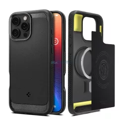   HUSĂ! - SPIGEN RUGGED ARMOR silicon telefon protector (rezistent la impact, bubble heel, model de carbon, MagSafe) BLACK Apple iPhone 16 Pro