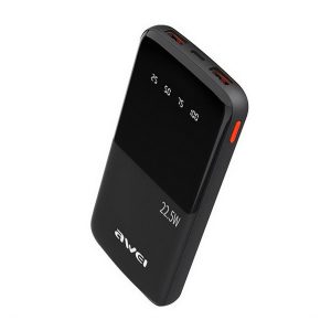 Încărcător de urgență AWEI P10K 2 prize USB+Type-C (10000mAh, 22,5W, încărcător rapid PD, afișaj LED) NEGRU