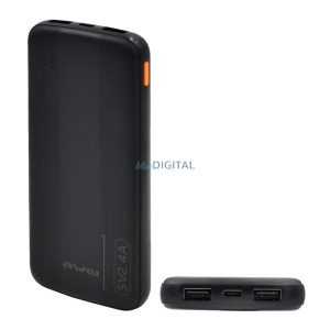 AWEI P20K încărcător de urgență 2 prize USB+Type-C (10000mAh, 2.4A, încărcător rapid PD) NEGRU