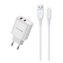   AWEI PD81L-EU încărcător de rețea USB+priză de tip C (22,5 W, GaN, încărcător rapid PD + cablu fulger) ALB