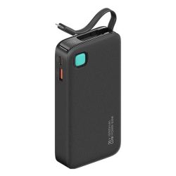   Încărcător de urgență AWEI XY USB+priză de tip C (10000mAh, 20W, încărcător rapid PD, afișaj LED + cablu fulger fix) NEGRU