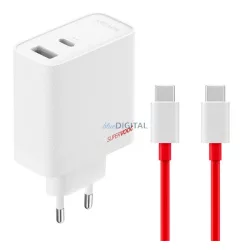   ONEPLUS SUPERVOOC Încărcător de curent alternativ USB + priză Type-C (80W, încărcător rapid PD, GaN + cablu Type-C) ALB