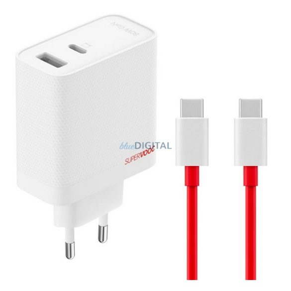 ONEPLUS SUPERVOOC Încărcător de curent alternativ USB + priză Type-C (80W, încărcător rapid PD, GaN + cablu Type-C) ALB