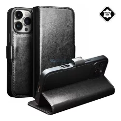   HUSĂ! - QIALINO Case Standing, piele naturală (FLIP, deschidere laterală, desktop) BLACK Apple iPhone 16 Pro Max