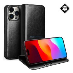   HUSĂ! - QIALINO Case Standing, piele naturală (FLIP, deschidere laterală, desktop) BLACK Apple iPhone 15 Pro Max