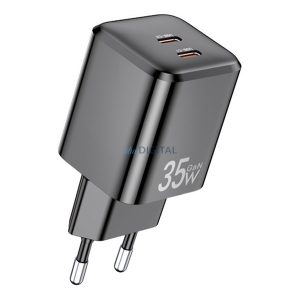 AWEI PD65-EU Încărcător AC 2 prize Type-C (35W, GaN, încărcător rapid PD) NEGRU