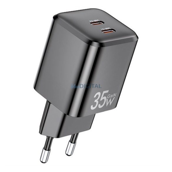 AWEI PD65-EU Încărcător AC 2 prize Type-C (35W, GaN, încărcător rapid PD) NEGRU