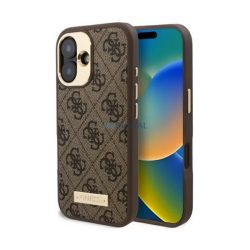   HUSĂ! - GUESS 4G LOGO PLATE silicon telefon protector (spate textile, MagSafe) BARNA Apple iPhone 16 Plus