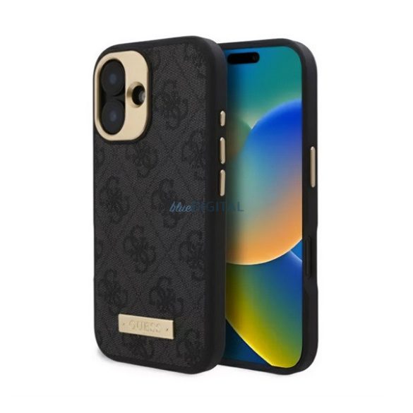 GUESS 4G LOGO PLATE Silicone Phone Cover (spate textil, MagSafe) BLACK Apple iPhone 16 Plus