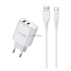   AWEI PD81T-EU Încărcător AC USB + priză Type-C (22.5W, GaN, încărcător rapid PD + cablu Type-C) ALB