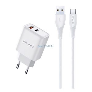 AWEI PD81T-EU Încărcător AC USB + priză Type-C (22.5W, GaN, încărcător rapid PD + cablu Type-C) ALB