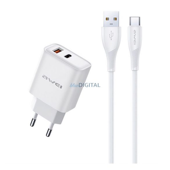 AWEI PD81T-EU Încărcător AC USB + priză Type-C (22.5W, GaN, încărcător rapid PD + cablu Type-C) ALB