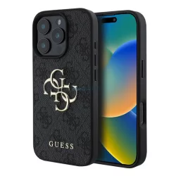   HUSĂ! - GUESS 4G BIG LOGO silicon protector de telefon (rezistent la șocuri, piele efect spate) BLACK Apple iPhone 16 Pro Max