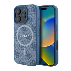   HUSĂ! - GUESS 4G RING CLASSIC LOGO silicon protector de telefon (rezistent la șocuri, spate textil, MagSafe) BRIGHT BLUE Apple iPhone 16 Pro