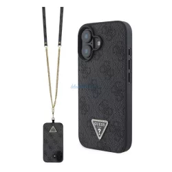   HUSĂ! - GUESS LEATHER METAL LOGO STRASS CROSSBODY silicon telefon protector (rezistent la șocuri, efect de piele spate + curea de umăr) BLACK Apple iPhone 16
