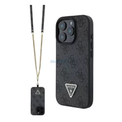   HUSĂ! - GUESS LEATHER METAL LOGO STRASS CROSSBODY silicon telefon protector (rezistent la șocuri, efect de piele spate + curea de umăr) BLACK Apple iPhone 16 Pro Max