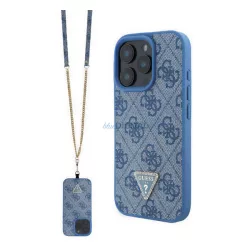   HUSĂ! - GUESS LEATHER METAL LOGO STRASS CROSSBODY silicon telefon protector (rezistent la șocuri, efect de piele spate + curea de umăr) BLUE Apple iPhone 16 Pro