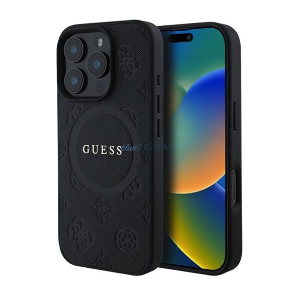GUESS SAFFIANO PEONY CLASSIC LOGO silicon protector de telefon (rezistent la șocuri, efect din piele spate, MagSafe) BLACK Apple iPhone 16 Pro