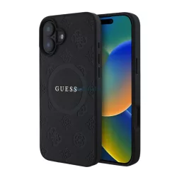   HUSĂ! - GUESS SAFFIANO PEONY CLASSIC LOGO silicon protector de telefon (rezistent la șocuri, efect din piele spate, MagSafe) BLACK Apple iPhone 16