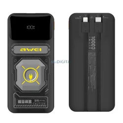   AWEI P77K Încărcător de urgență cu priză USB+Type-C (10000mAh, 22.5W, încărcător rapid PD + cablu fix Type-C+lightning) NEGRU