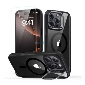HUSĂ! - ESR CLASSIC HYBRID silicon protector de telefon (rezistent la șocuri, colț bumper, kickstand, MagSafe + ecran protector de sticlă) BLACK Apple iPhone 16 Pro Max 5G