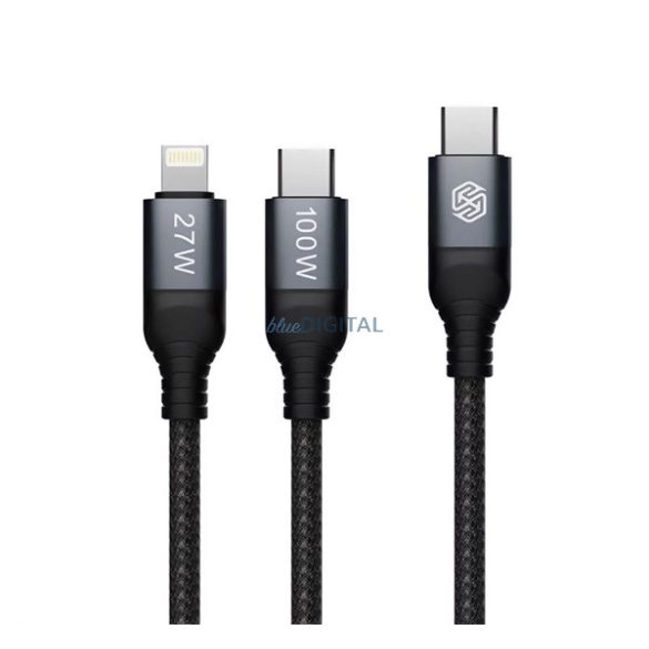 NILLKIN DUALPOWER cablu de date 2in1 (Tip-C - fulger / Tip-C, 100W, încărcător rapid PD 3.0, 100cm, șiret) NEGRU