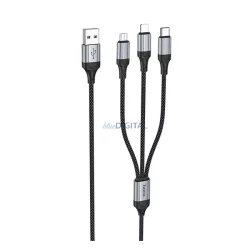   HOCO X102 cablu de date 3in1 (USB - fulger/microUSB/Type-C, 2.4A, 100cm, șiret) NEGRU