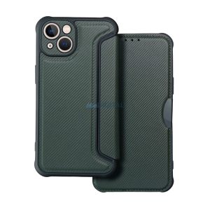 Carcasă permanentă, efect piele (FLIP, deschidere laterală, rezistență la impact, călcâi cu bule, protecție cameră, model carbon)
