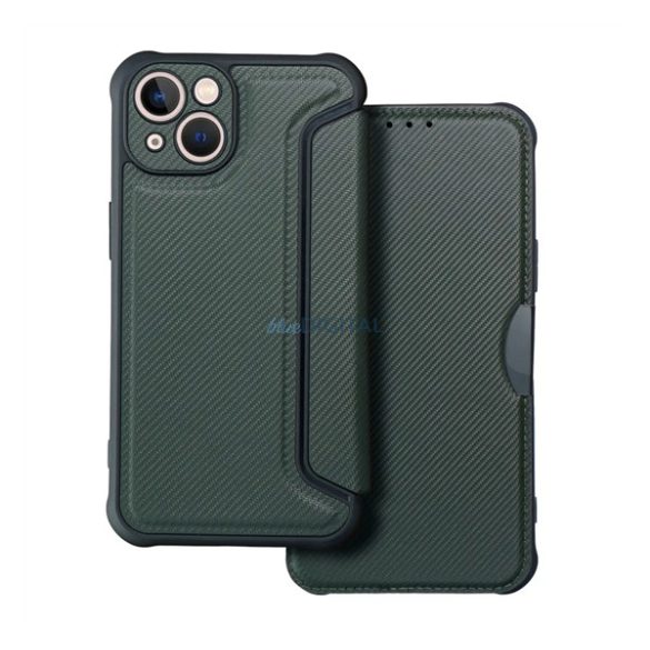 Carcasă permanentă, efect piele (FLIP, deschidere laterală, rezistență la impact, călcâi cu bule, protecție cameră, model carbon)