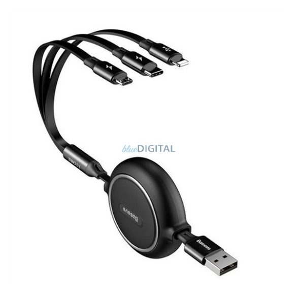 BASEUS GOLDEN LOOP cablu de date 3in1 (USB - fulger/microUSB/Type-C, 100W, 3.5A, 120cm, bobinabil) NEGRU