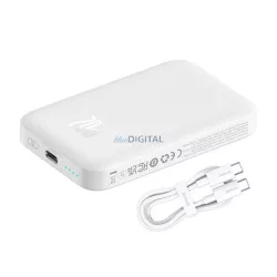   Încărcător de urgență BASEUS MAGNETIC MINI cu mufă Type-C (6000mAh, 20W, încărcător rapid PD, wireless, MagSafe + cablu Type-C) ALB