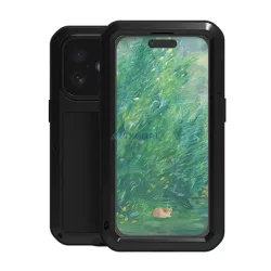   HUSĂ! - LOVE MEI Apărător puternic protector de telefon (cadru metalic, rezistent la șocuri, rezistent la praf + ecran protector de sticlă) BLACK Apple iPhone 16