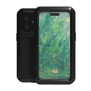 LOVE MEI Apărător puternic protector de telefon (cadru metalic, rezistent la șocuri, rezistent la praf + ecran protector de sticlă) BLACK Apple iPhone 16