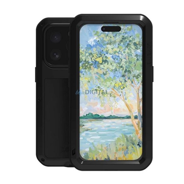 LOVE MEI Apărător puternic protector de telefon (cadru metalic, rezistent la șocuri, rezistent la praf + ecran protector de sticlă) BLACK Apple iPhone 16 Pro Max