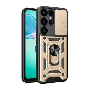 HUSĂ! - Protector de telefon din silicon Defender (rezistent la șocuri, inel de prindere, protector de cameră) GOLD Samsung Galaxy S25 Ultra (SM-S938)
