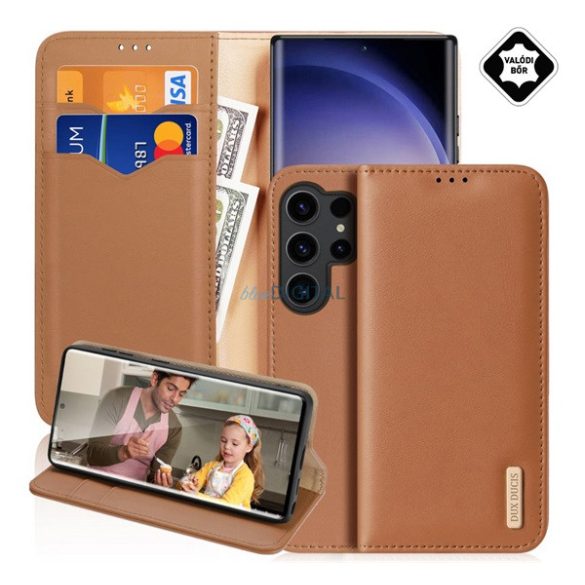 DUX DUCIS HIVO Carcasă Standing, piele naturală (FLIP, deschidere laterală, suport birou, buzunar card, RFID) BARNA Samsung Galaxy S25 Ultra (SM-S938)