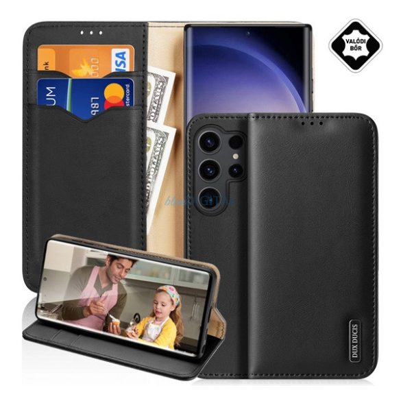 DUX DUCIS HIVO Carcasă Standing, piele naturală (FLIP, deschidere laterală, desktop, buzunar pentru carduri, RFID) BLACK Samsung Galaxy S25 Ultra (SM-S938)